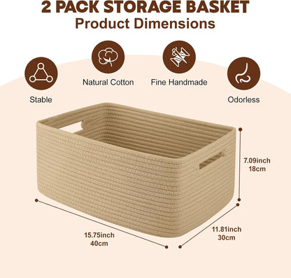 OIAHOMY Storage Basket for Shelves, Closet Cube Storage Bins Baskets for Clothes Blanket Towels, Baby Nursery, Toy Baskets Box, Woven Rope Basket, 15.75*11.81*7.09 ININ, 2 Packs Jute Yellow