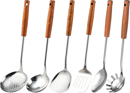 FJNATINH Stainless Steel Kitchen Utensils Set with Wood Handle Nonstick Stainless Steel Cooking Utensils Set with Turners,Spatula,Ladle,Skimmer,Solid Spoon,Pasta