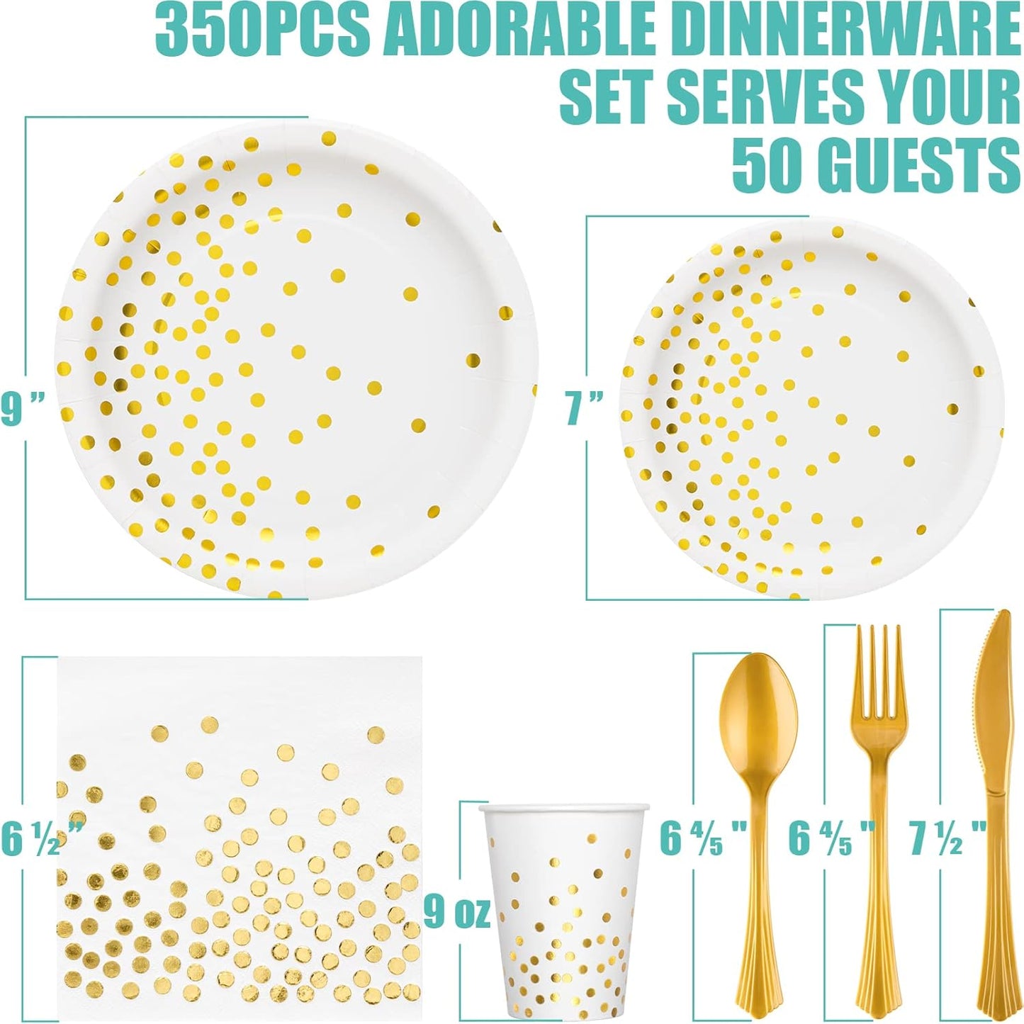 White and Gold Party Supplies, 350PCS Disposable Dinnerware Set w/White Paper Plates Napkin Cups Plastic Forks Knives Spoon for Women Men Birthday Christmas Retirement New Year Eve 2025 Decorations