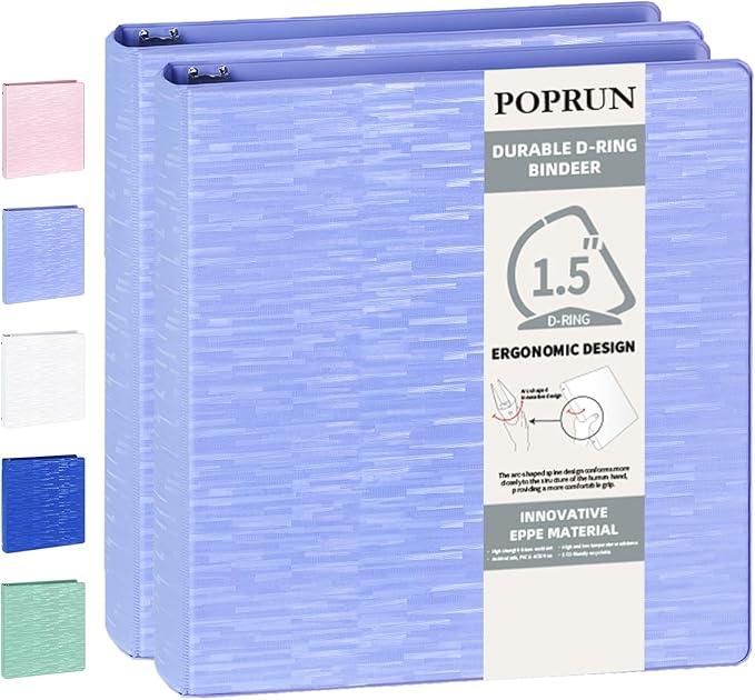 POPRUN 3 D Ring Binder 1.5 Inch, PVC-Free, Holds 375 Sheets of 8.5 x 11 Paper, Extra Durable Organizer with 2 Pockets for School & Office, Heavy-Duty, 2 Pack, Cornflower Purple