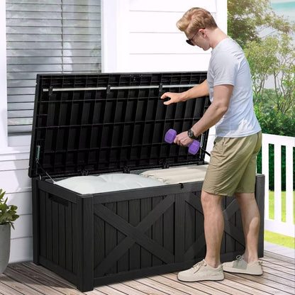 YITAHOME 120 Gallon Large Outdoor Storage Box with X-Shaped Front, Waterproof Resin Deck Box Cushion Storage Bench for Patio, Pool Supplies, Garden Tools - Lockable, Black