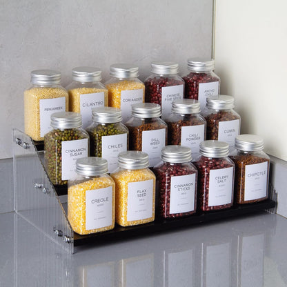 nianfeng Tiered Spice Rack, 3-Tier Spice Pantry Kitchen Cabinet Organizer, 12-Inch, Natural Wood Acrylic Stair Riser Stand, Countertop Seasoning Shelf (Black)