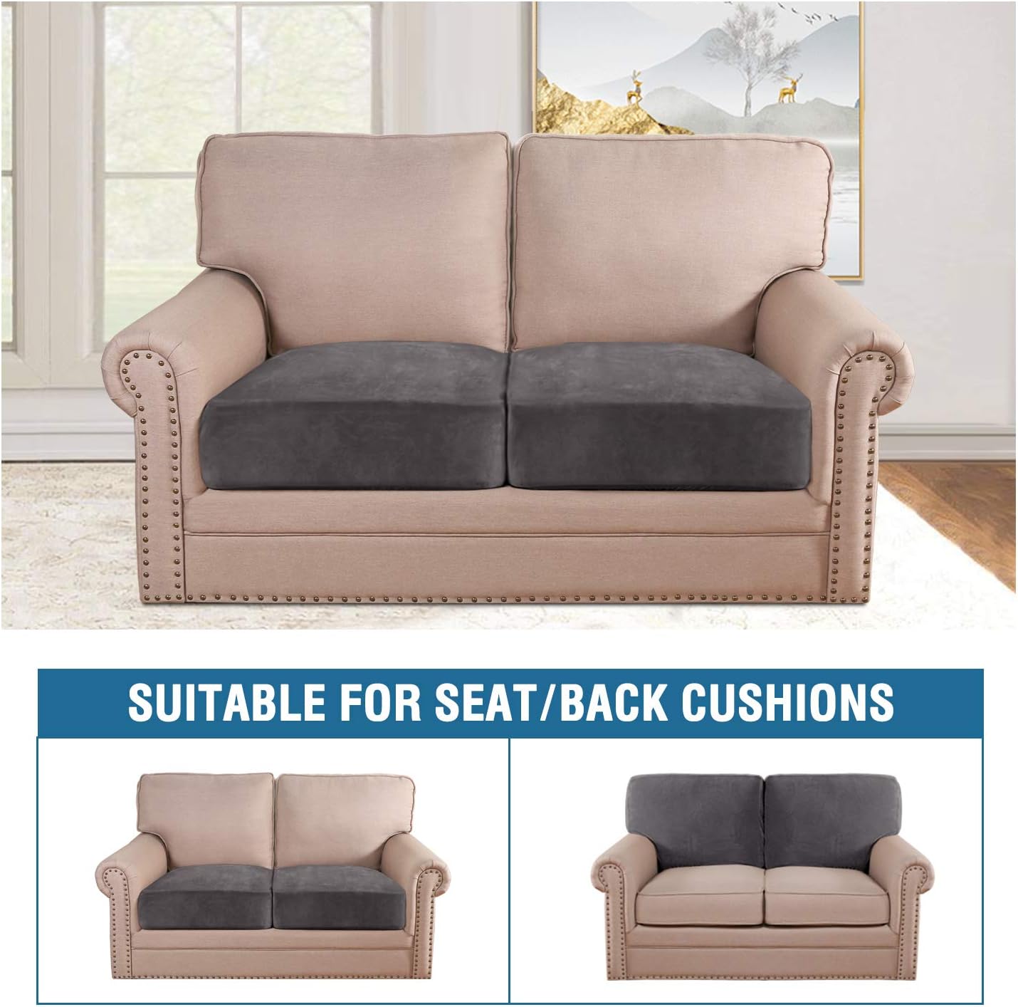 H.VERSAILTEX Velvet Stretch Couch Cushion Cover Plush Cushion Slipcover for Chair Loveseat Sofa Cushion Furniture Protector Seat Cushion Sofa Cover (2 Piece Large Sofa Cushion Covers, Grey)