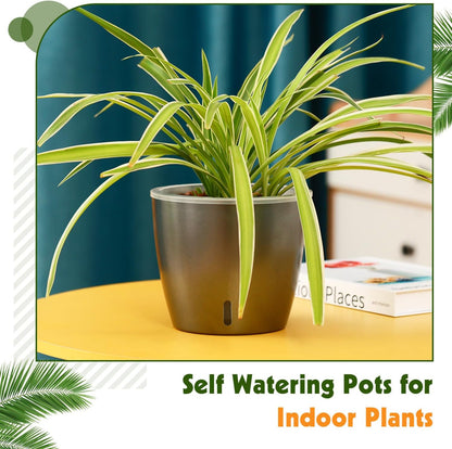 Self Watering Pots for Indoor Plants, 6-Pack 6.7'' Self Watering Planter with Drainage Holes, Small African Violet Pots with Water Indicator, Clear Wick Orchid Pot, Grey Gold