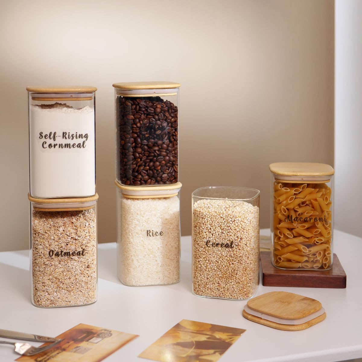 6 Pcs Square Glass Pantry Storage Containers with Bamboo Airtight Lid and 248 Clear Pantry Labels Preprinted - 37oz Thicken Glass Food Storage Jars for Coffee, Cookie, Tea, Sugar, Spice