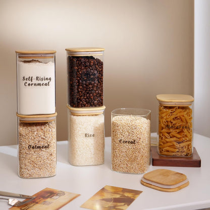 6 Pcs Square Glass Pantry Storage Containers with Bamboo Airtight Lid and 248 Clear Pantry Labels Preprinted - 37oz Thicken Glass Food Storage Jars for Coffee, Cookie, Tea, Sugar, Spice