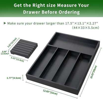 VaeFae Bamboo Silverware Organizer, Utensil Holder for Drawer, Wooden Cutlery Tray with Divider for Kitchen Drawer, Utensil Organizer with Knife Block（Black）