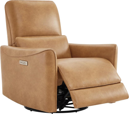 CHITA Power Recliner Chair Swivel Glider, FSC Certified Upholstered Faux Leather Living Room Nursery Reclining Sofa Chair with Lumbar Support, Cognac Brown