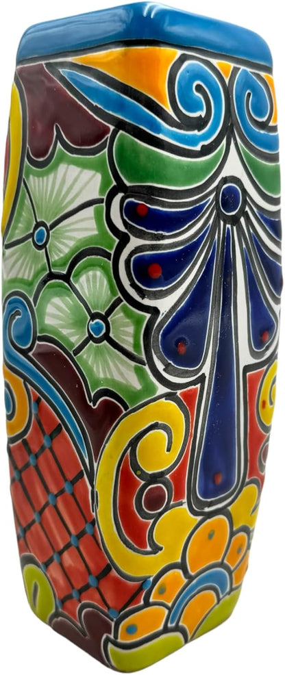 Talavera Planter Pot Square Vase Folk Art Mexican Pottery Handmade Hand Painted Home Decor Indoor Multicolor Outdoor 9.25" (Turquoise Multi)
