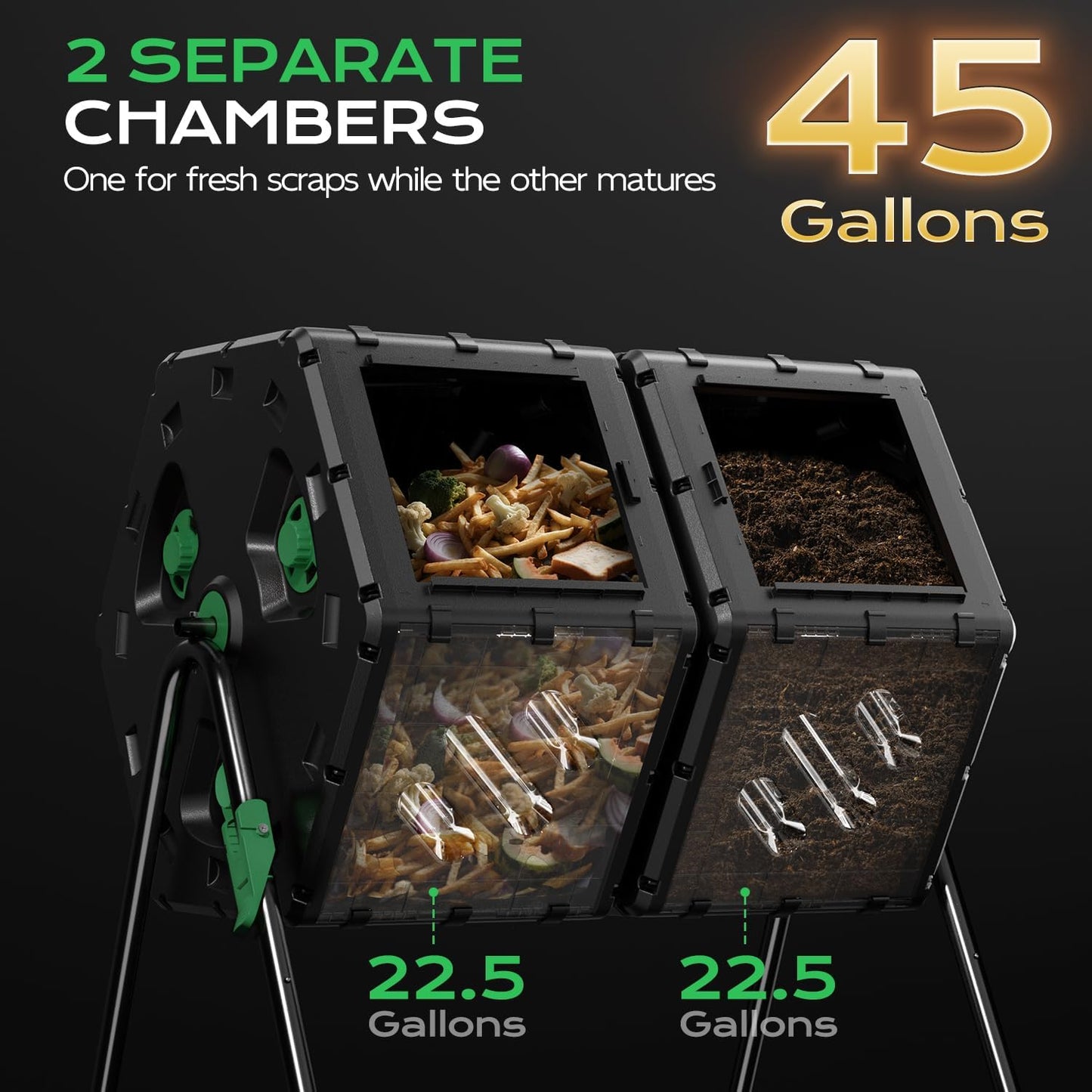 Compost Tumbler 45 Gallon/170L, Easy-Assemble Dual Chamber Compost Bin Outdoor, 360°Rotating Large Composter for Outside, Backyard, Garden, Gifts for Seasoned Gardeners & Beginners-Green