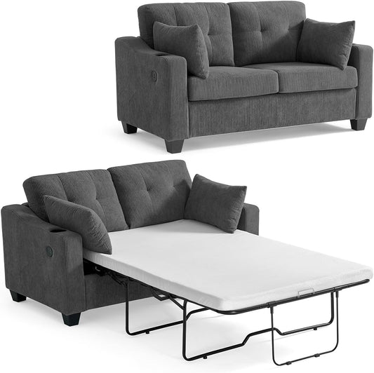 Pull Out Sofa Bed, Full Size Sleeper Sofa, 2-in-1 Convertible Corduroy Couch with USB Charging, Memory Form Couch for Living Room, Apartment and Small Space (Dark Grey, Corduroy - Full Size)