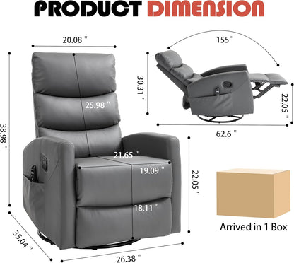 Manual Swivel Rocker Recliner Chair for Adults, Overstuffed Reclining Glider Chair for Nursing with Vibration Massage & Heat, Living Room Rocking Recliner 3-Stage backrest, Faux Leather Gray