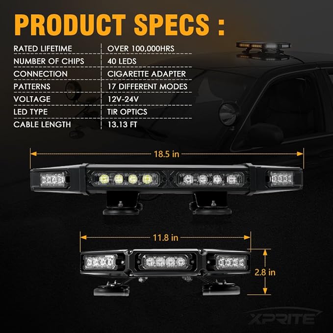 Xprite 18" White & Amber LED Emergency Rooftop Strobe Light Bar, Magnetic-Mounted Strobe Lights for Trucks, High-Intensity Warning Beacon for Tow, Construction, Snowplow, Patrol Vehicles