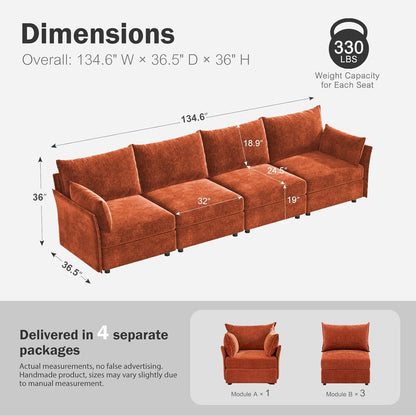 134.6" Modular Sectional Sofa, Oversized 4 Seater Terracotta Orange Couch with Removable Chenille Fabric Cover, Deep Seat & High Backrest for Living Room, Office & Apartment
