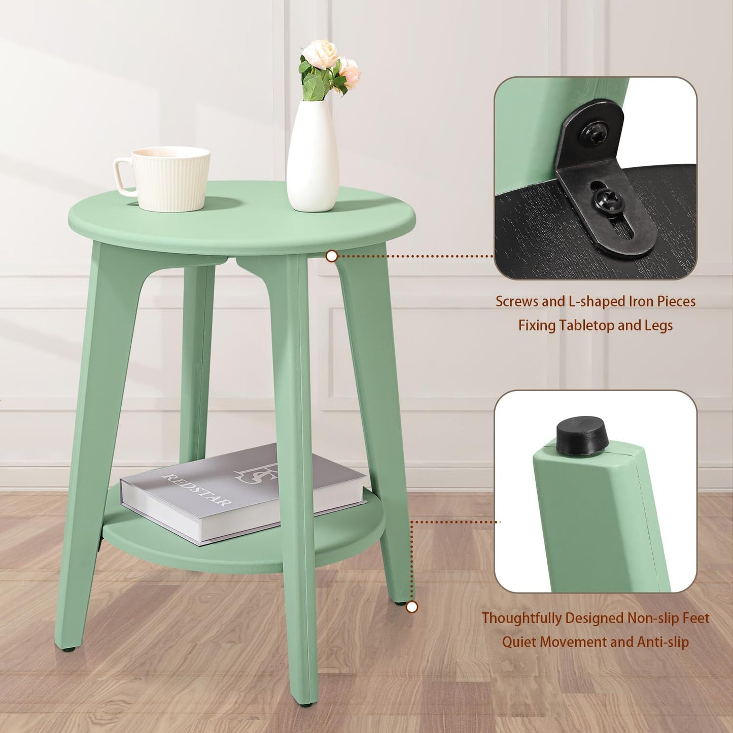 Round Side Table Green Wooden End Table with Lower Shelf Rustic Vintage Nightstand Beside Table for Living Room Bedroom Small Spaces