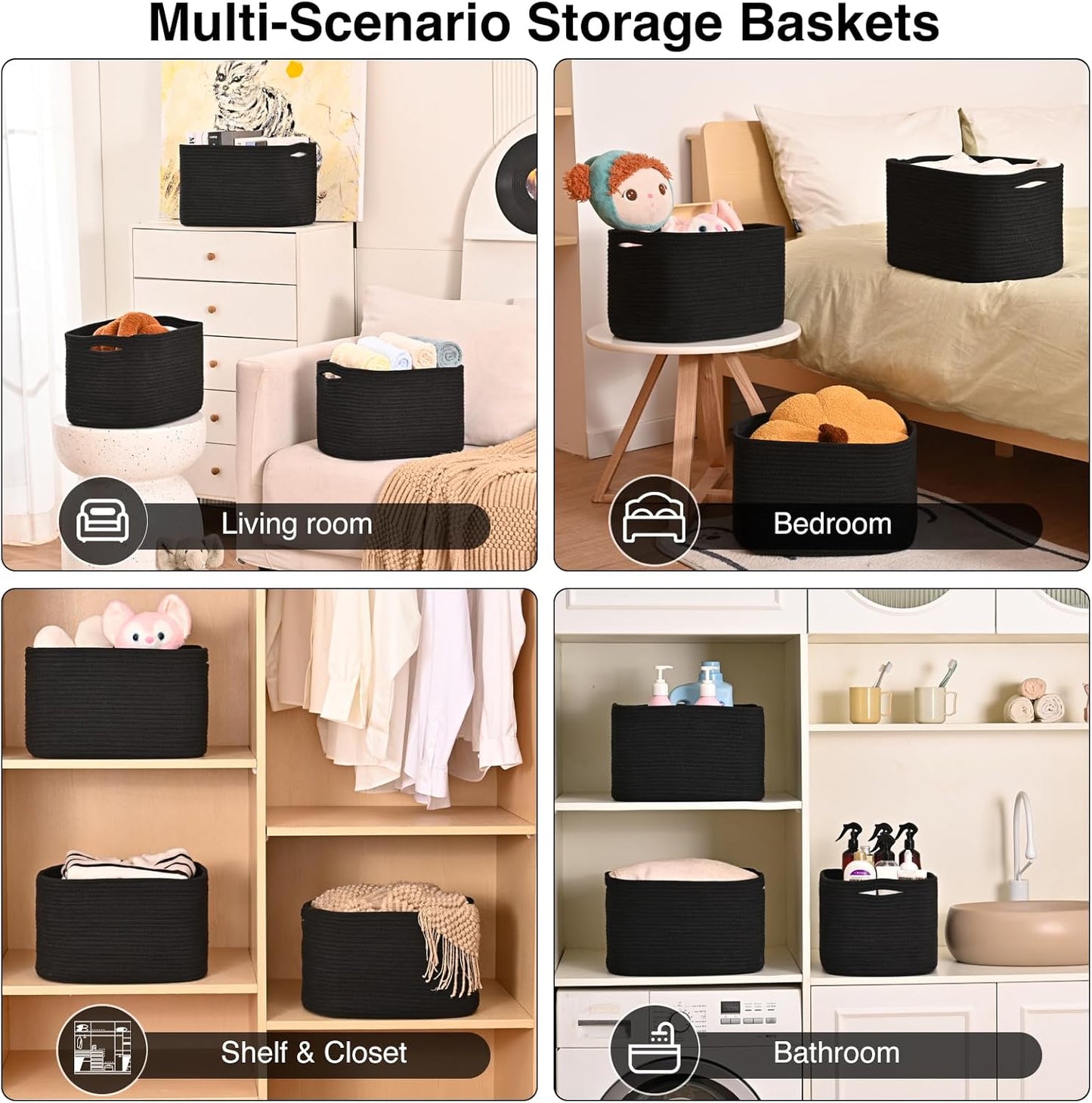 Black Storage Baskets for Organizing Shelves, Toy Basket for Nursery, Woven Cotton Rope Basket for Decor, Towel Baskets for Bathroom, 15"x11"x9.5", 3 Packs, Black