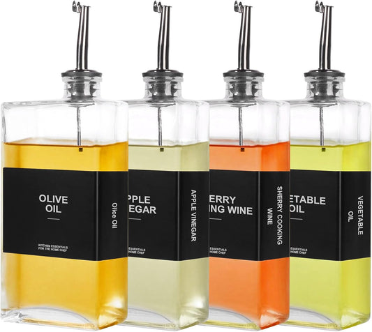 OKYUK Olive Oil Dispenser Bottle for Kitchen Cooking, 16.9oz/500ml Soy Sauce Coffee Syrup Oil and Vinegar Dispenser Set, with Silicone Funnel, Labels (4PCS, Black)
