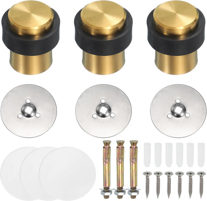 PATIKIL 3Set Round Door Stoppers, 46mm Stainless Steel Door Stop Doorstop Wedge Metal Cylinder Self Adhesive with Screw for Bottom of Door Floor Inside, Gold Tone