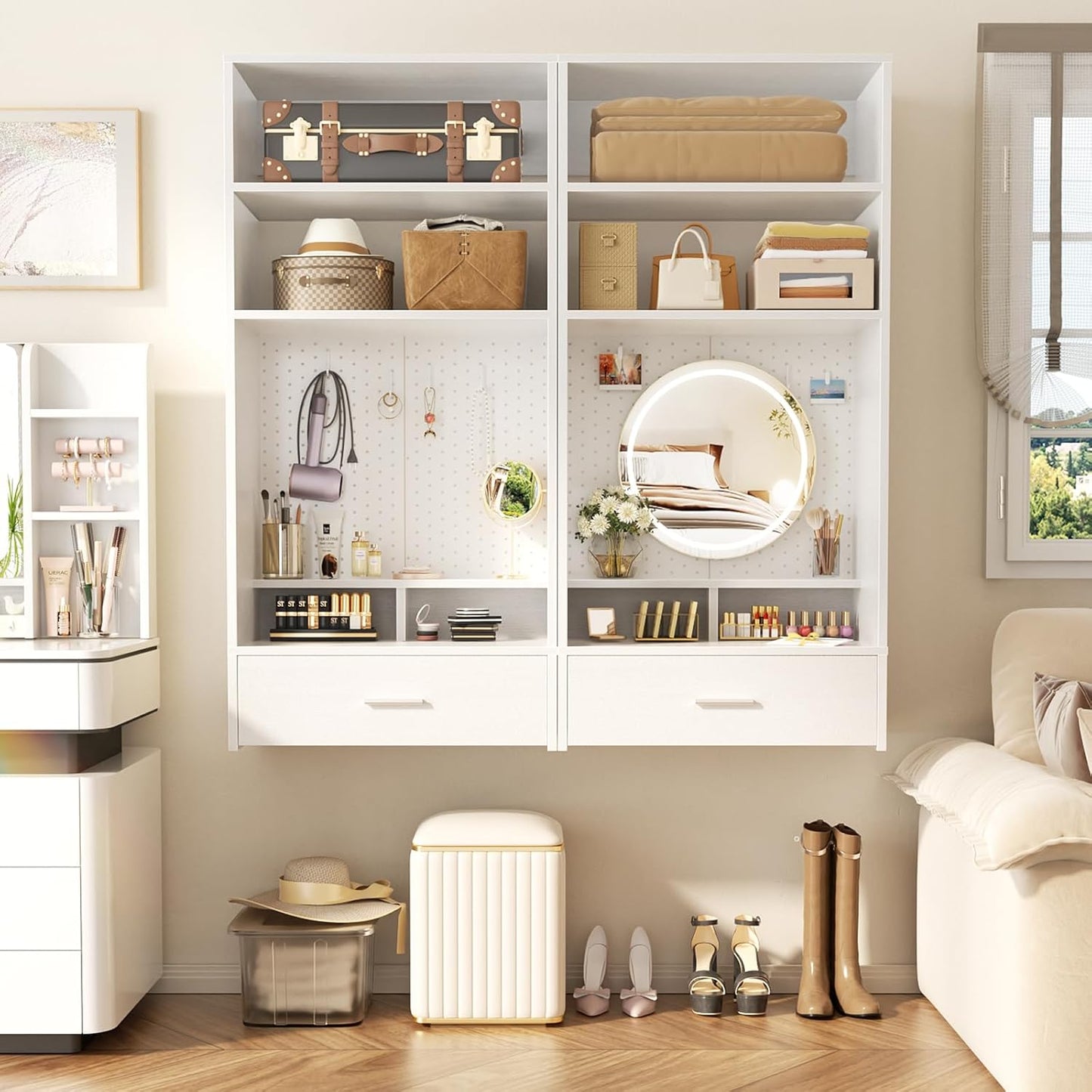 Unikito 24 inch Closet System with Drawers and Magnetic Pegboard, Wall Mounted Closet Organizer with Vanity Storage Shelves, Multipurpose Vanity Desk for Bedroom, Mudroom, and Entryway, White