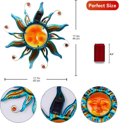 Goodeco Solar Sun Face Wall Art – Metal Outdoor Wall Decor with Solar LED Lights for Garden & Patio - Weather Resistant, Smiling Sun Face Design (18 inch, Blue)