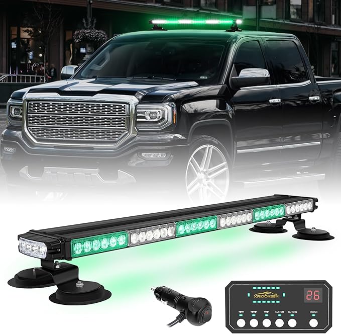 XRIDONSEN 28.4" 80 LED Green White Roof Emergency Light Bar Top Firefighter Lights Warning Flashing Safety Beacon Double Side Magnetic First Responder Strobe Lights for Vehicles Fire POV Trucks