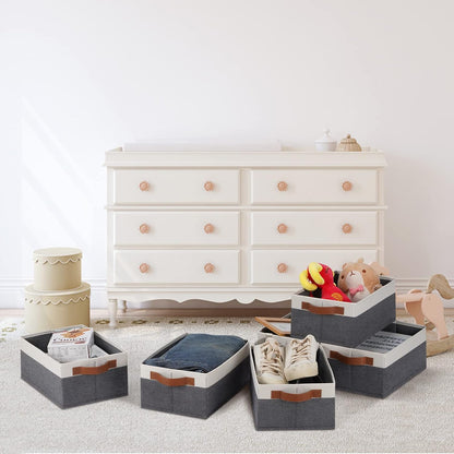 GhvyenntteS Small Fabric Storage Bins 12 Pack, Storage Basket with Leather Handles, Closet Storage Bins for Shelves, Storage Baskets for Shelves, Home, Office (Grey/White, 11.8" x 7.87" x 5.11")