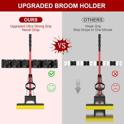 LETMY Broom Holder Wall Mount - Mop and Broom Hanger Holder - Garage Storage Rack & Garden Tool Organizer - 5 Position 6 Hooks Broom Rack for Home, kitchen, Garden, Tools, Garage Organization - Black