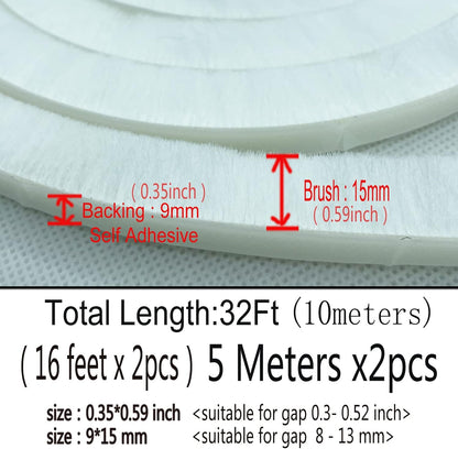 32 Ft Weather Stripping Self Adhesive Seal Strip Weatherstrip for Windows and Doors House Soundproofing(32ft x11/32 Backing x 9/16 Brush inch, White)
