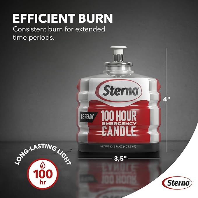 Sterno 100-Hour Emergency Candles - Long Burning Unscented Candles for Emergencies and Power Outages - Burns Up to 100 Hours - Set of 6 - Clean Burning Liquid Paraffin