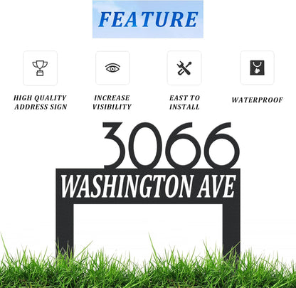 Personalized Modern Large Metal Address Sign for Yard, Custom House Number Sign Street Name Plaque for Outside, Outdoor Lawn Address Post Home Garden Decoration Plaque with Stakes