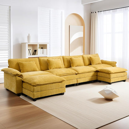 URRED Modular Sectional Sofa Comfy Cloud Couch, Modern Chenille Sofa Sleeper Deep Seat Couches with Ottoman/Pillows for Living Room (Yellow, 154'' - U Shape)