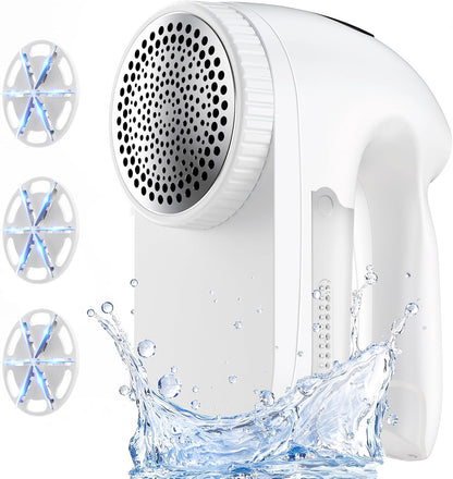 IPX6 Waterproof Washable Electric Fabric Shaver and Lint Remover, Rechargeable Sweater Defuzzer with 3 Free Extra Blades, Quickly and Effectively Remove Fluff, Fuzz, Bobbles for Clothes, White
