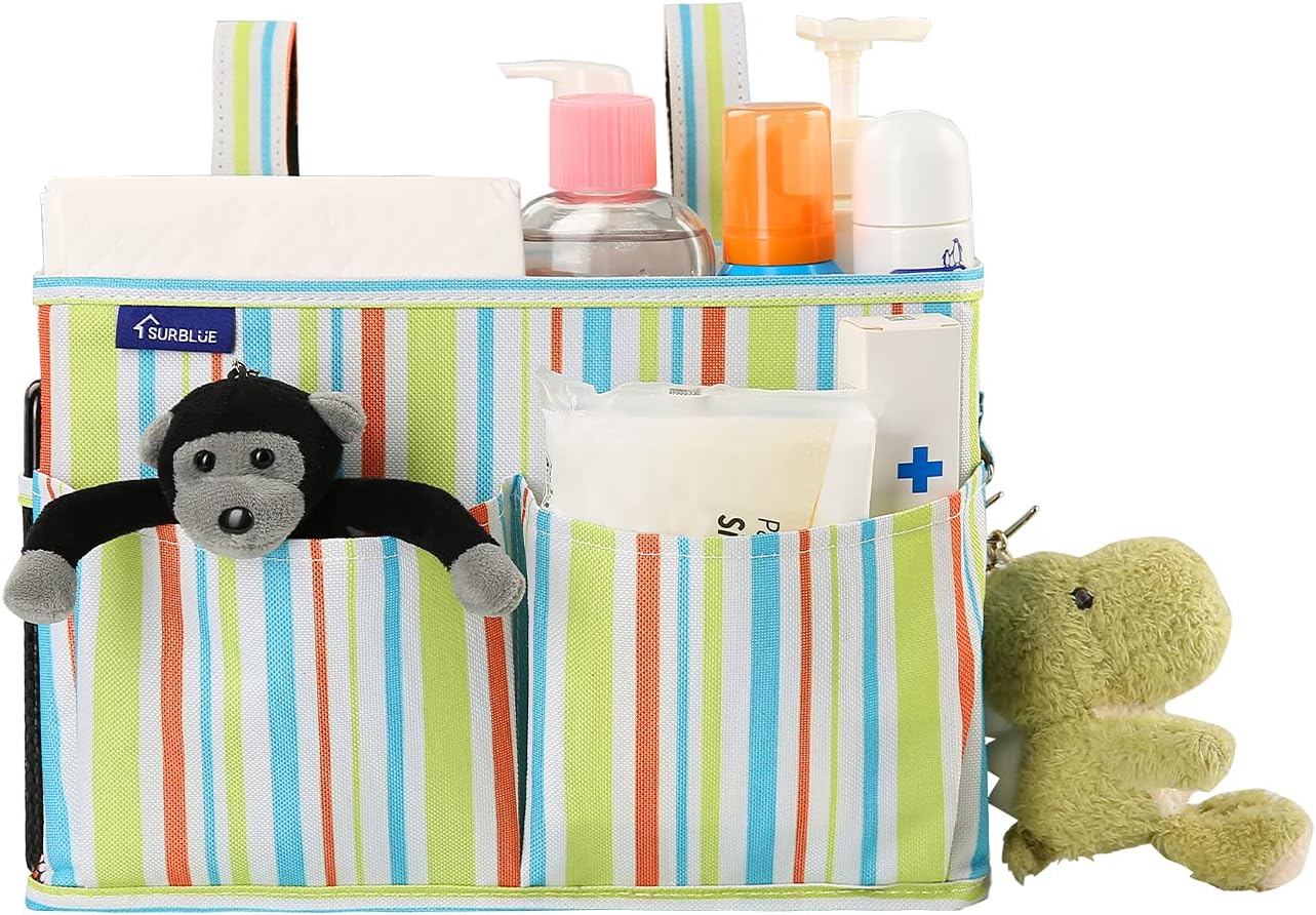 Surblue Bedside Caddy Hanging Bed Organizer Storage Bag Pocket for Bunk and Hospital Beds, College Dorm Rooms Baby Bed Rails,Wheelchair Side Bag,Camp Chiars,4 Pockets and 2 Hooks (Small GreenStripe)