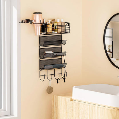 VITVITI Metal Hair Tool Organizer Wall Mount, Hair Dryer Holder with 4 Tier Shelf Basket Hooks, Bathroom Hair Styling Tool Organizer for Curling Iron/Blow Dryer/Straightener, Matte Black