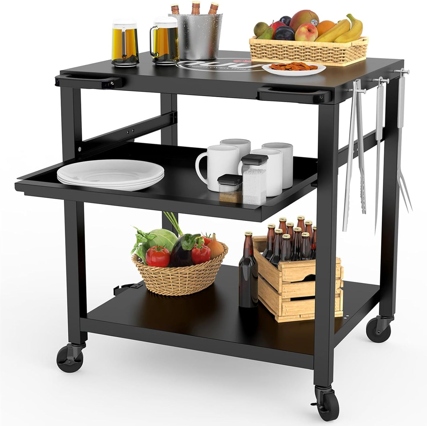 NUUK Outdoor Grill Prep Table 24"x30" Metal Grill Cart Outside 3-Layer Pizza Oven Table Movable with Universal Wheels for BBQ Backyard Patio