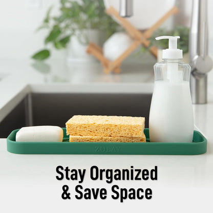 Zulay Kitchen Large Silicone Sponge Holder (12x4) – Flexible Sink Organizer Tray for Kitchen & Bathroom – Multipurpose Soap Dish for Sponges, Makeup, Trinkets & More (Pine Green)