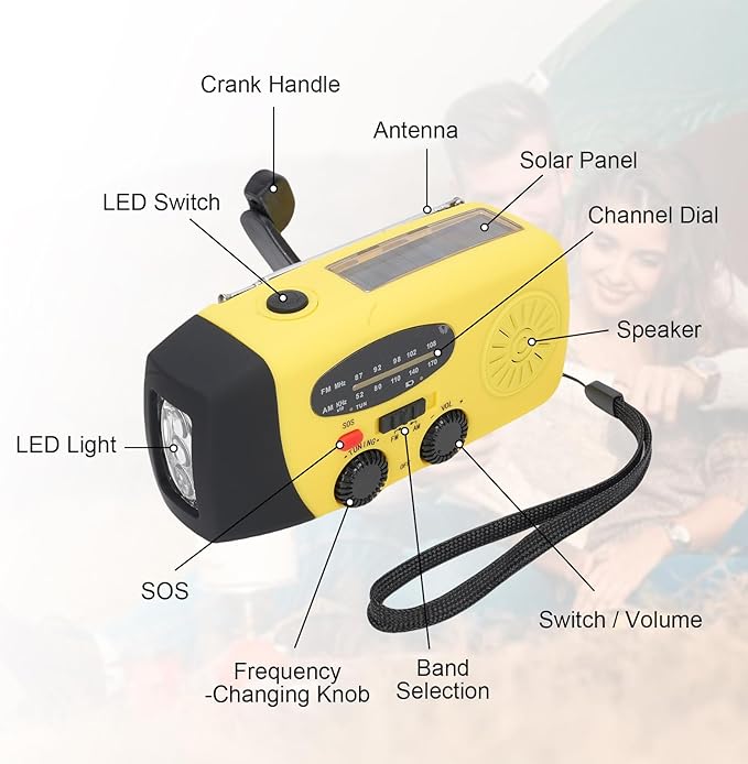 2000mAh Wind Up Radio, Portable Solar Emergency Radio with SOS Alarm, AM FM Weather and Torch, for Power Outage Camping Hiking (Yellow)