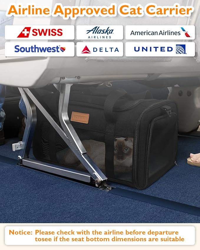 PETUX TSA Approved Pet Carrier in Cabin - 17"x11"x9.5", Underseat, Soft Sided Cat Carriers with Safety Zippers and Anti-Scratch Mesh for Small Cat up to 12 lb, Ideal for Travel and Vet Visit, Black