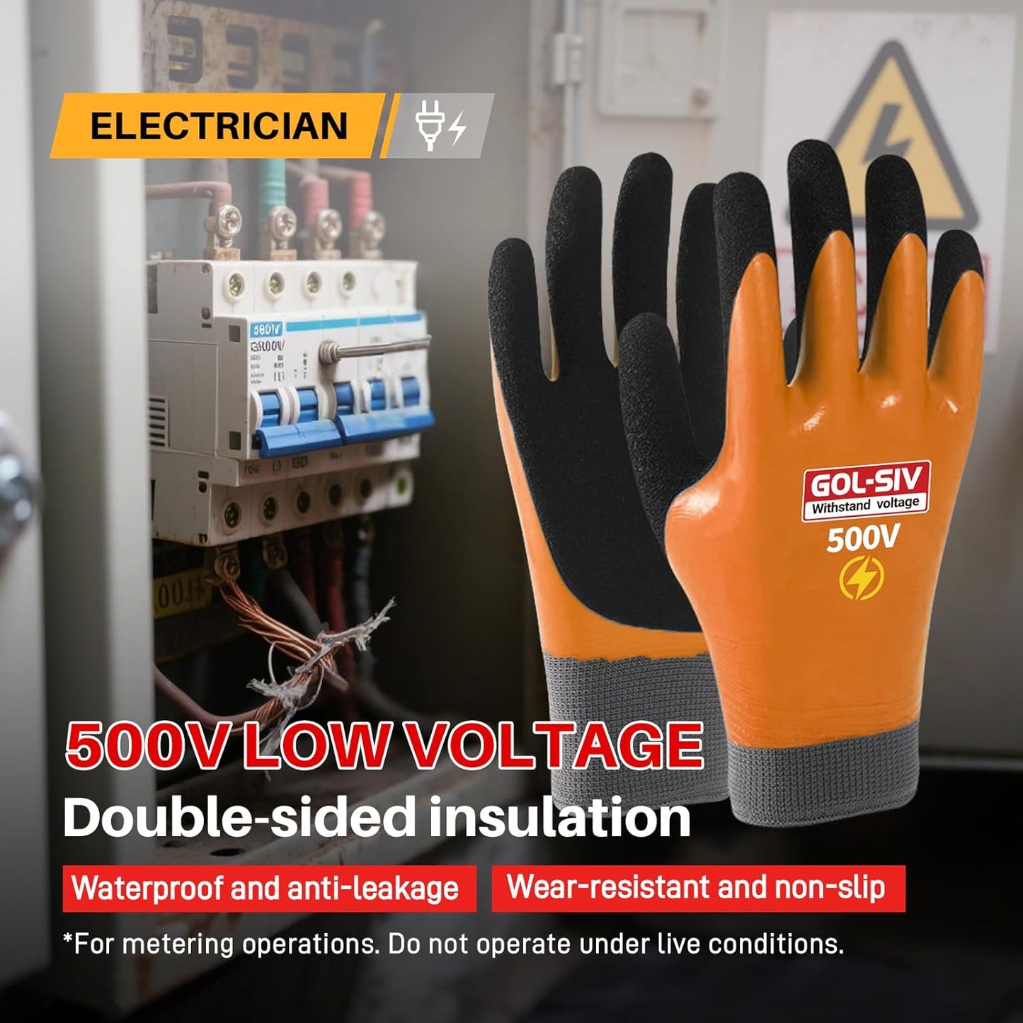 Electrical Insulated Gloves, 500V High Voltage Resistance Electrician Safety Gloves, Rubber Non Slip Work Gloves (500V|double insulated, 2pcs-Large)