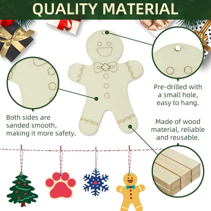 Wooden Christmas Ornaments, 176 PCS Unfinished Predrilled Wood Ornaments Set with 72 Blank Wood Slices in 9 Styles, 90 Bells and 12 Color Pens for Kids DIY Crafts and Christmas Hanging Decoration, B