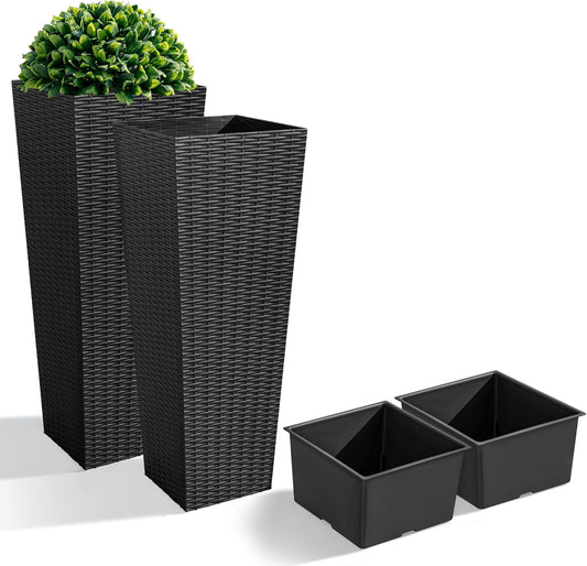 JUMMICO Set of 2 Resin Rattan Tall Planters for Outdoor Plants, Large Tapered Planters with Drainage Holes&Inner Trays, Flower Pots for Garden, Patio, Porch, Backyard (Black, 32'')