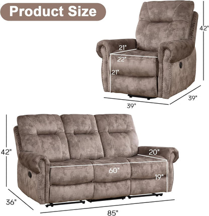 EBELLO 2 Pieces Reclining Couch Furniture Set for Living Room, 1 Seat Power Recliner and a 3 Seater Sofa, Vintage Rivet Mid-Century Design for Living Room, Brown