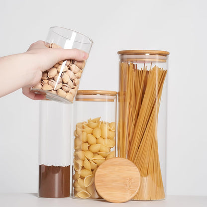 Glass Food Storage Jars, Glass Jars with Bamboo Lids, Kitchen Storage Jars, Canisters with Airtight Lids for Spice, Coffee, Cookie, Set of 7, Pantry Organizers