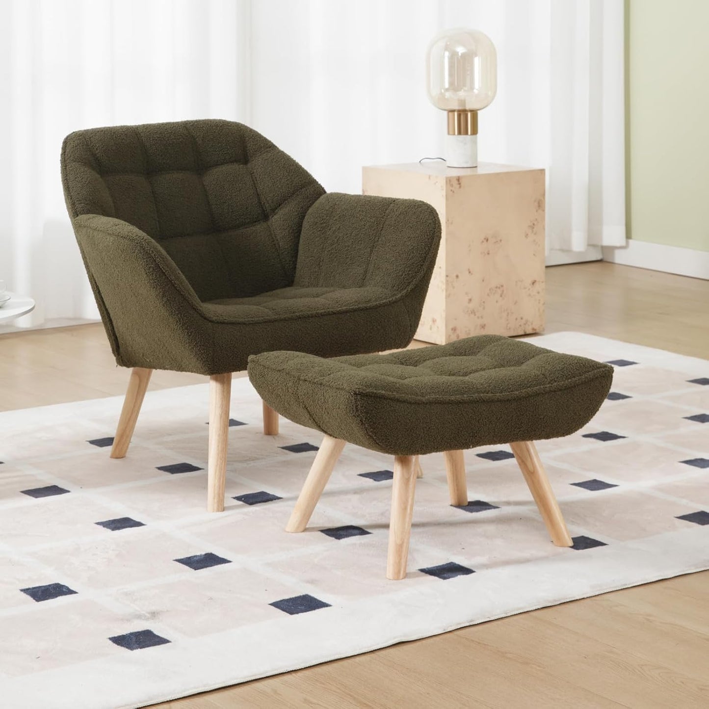 Modern Sherpa Accent Chair with Ottoman, Fluffy Upholstered Lounge Chair with Footrest, Comfy Living Room Side Boucle Armchair for Small Space Bedroom Apartment, Green