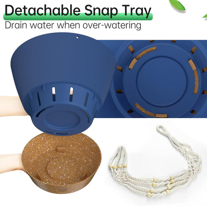 ZMTECH 2 Pack 10 Inch Blue Hanging Planters with Macrame Plant Hanger for Indoor and Outdoor Plants, Self Watering, Drainage Hole, Visible Level Tray