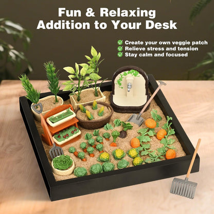 Dreamon Zen Sand Garden for Desk - Vegetable Gardening Themed Sand Tray Therapy Kit with 56 Accessories & Encouragement Cards - Meditation Room & Office Stress Relief Toy - Funny and Novelty Gift Idea