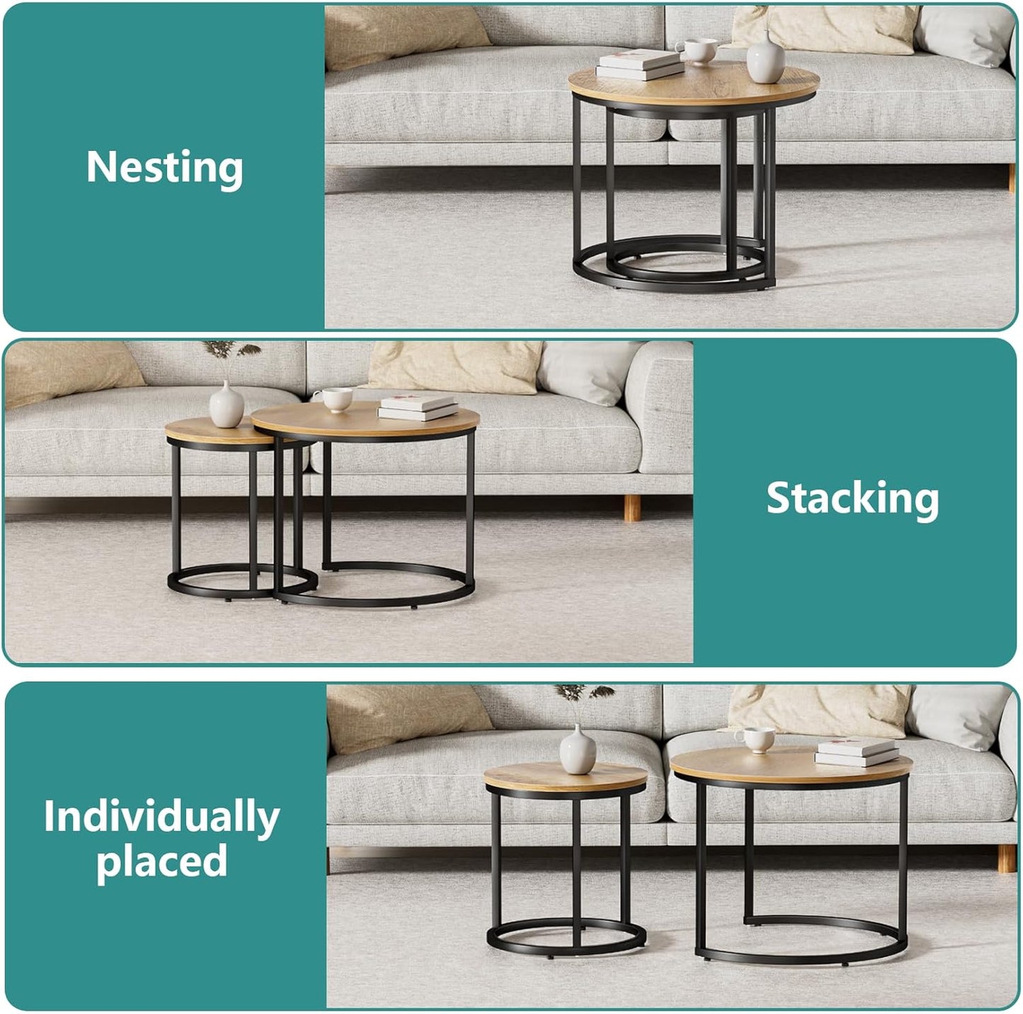 Smuxee Nesting Coffee Table Set of 2, 23.6" Round Coffee Table Brown Wood with Adjustable Non-Slip Feet, Industrial End Table Side Tables for Living Room Bedroom Balcony Yard