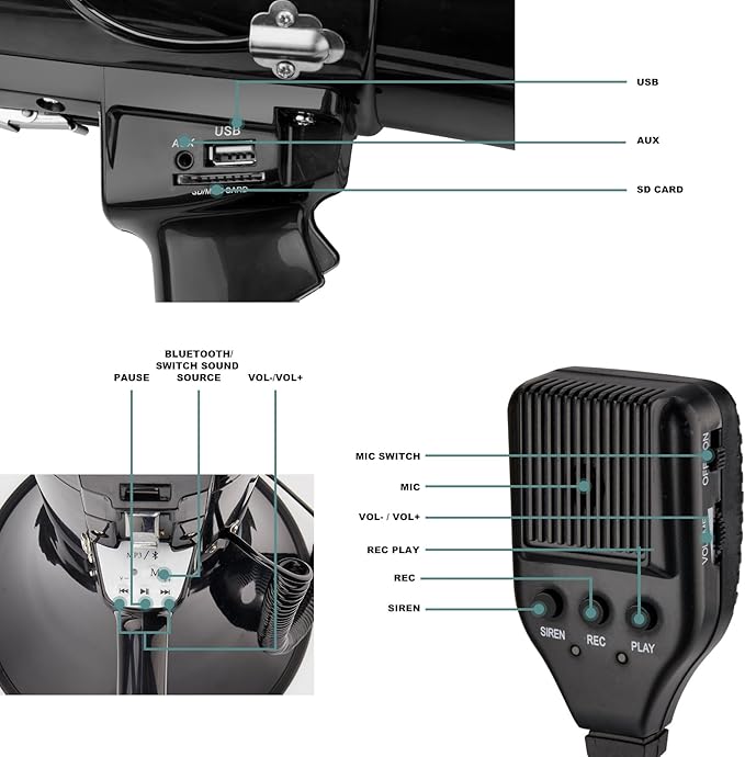 75w Megaphone Bullhorn, Loud Speaker with AUX(3.5mm), USB and Bluetooth Input, Built-in Siren and Recording- Rechargeable Battery-for Outdoors, Police, Cheerleading