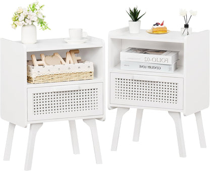 Lerliuo Rattan Nightstands Set of 2, Side Table with Drawer Open Shelf, Cane Accent Bedside End Table with Solid Wood Legs, Mid Century Modern Night Stand for Bedroom, Dorm and Small Spaces (White)