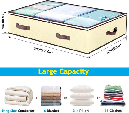 90L Under Bed Storage Containers, Underbed Toy Organizers and Clothing Storage Bags, Closet Storage Bins with Clear Window for Organizing Blanket Comforter Bedding Clothes Bedroom Dorm, 2 Pack Beige